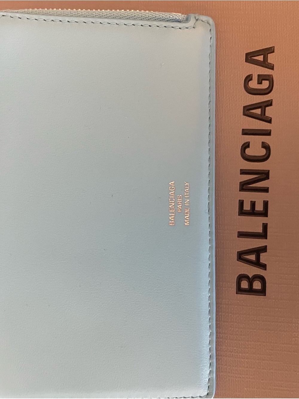 Balenciaga Pale Blue Leather Zip Wrist Pouch with Gold Logo